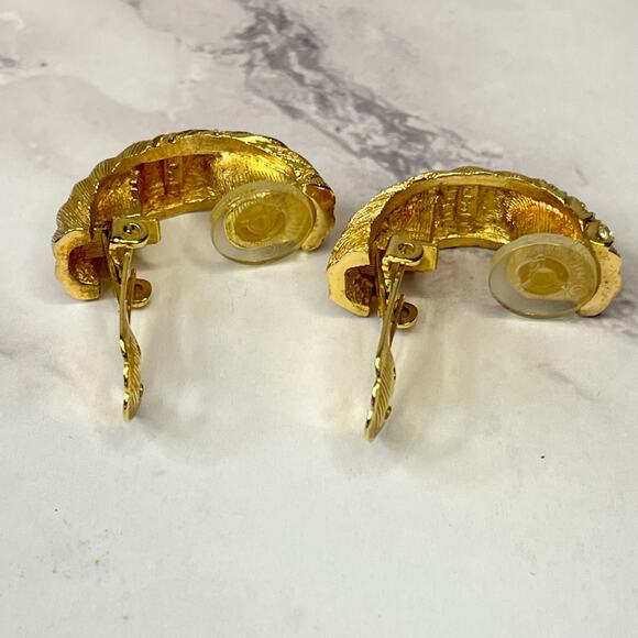Christian Dior Gold Tone Clip-On Earrings Textured with Crystals Vintage Stamped - Picture 4 of 5